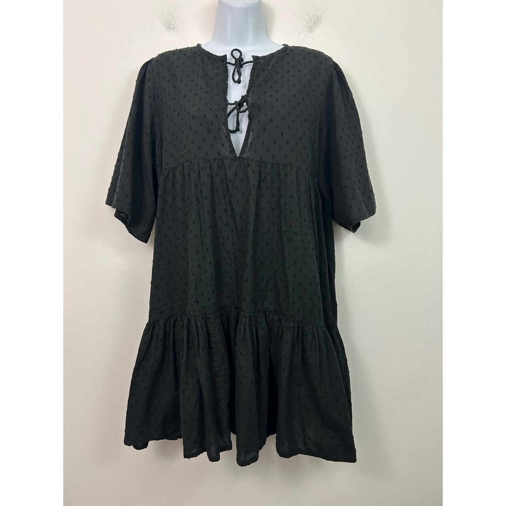 Emerson Fry India Collection Black Swiss Dot Cotton Tiered Babydoll Dress M/L